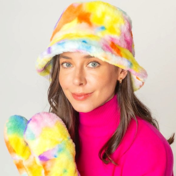 COPY - Fabulous Tye Dye Faux Fur Bucket Hat And Gloves Mitt Set main image 8